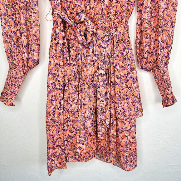 NWT Ramy Brook Xian Floral Tiered Tie Waist Long Sleeve Mini Dress Orange Small - Picture 9 of 16